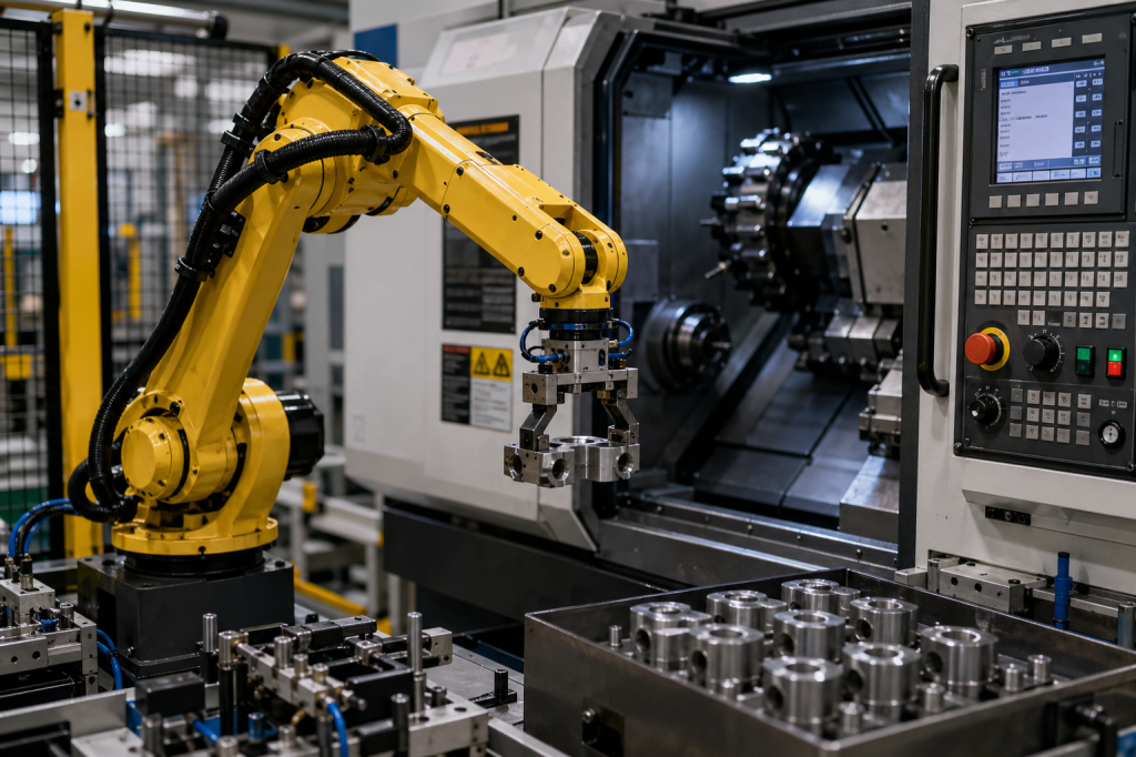 Turnkey automation workholding solution for industrial machining with robotic arm